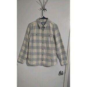 L.L. Bean Plaid Flannel Button Down Shirt Size Medium Ivory Blue Preppy Soft